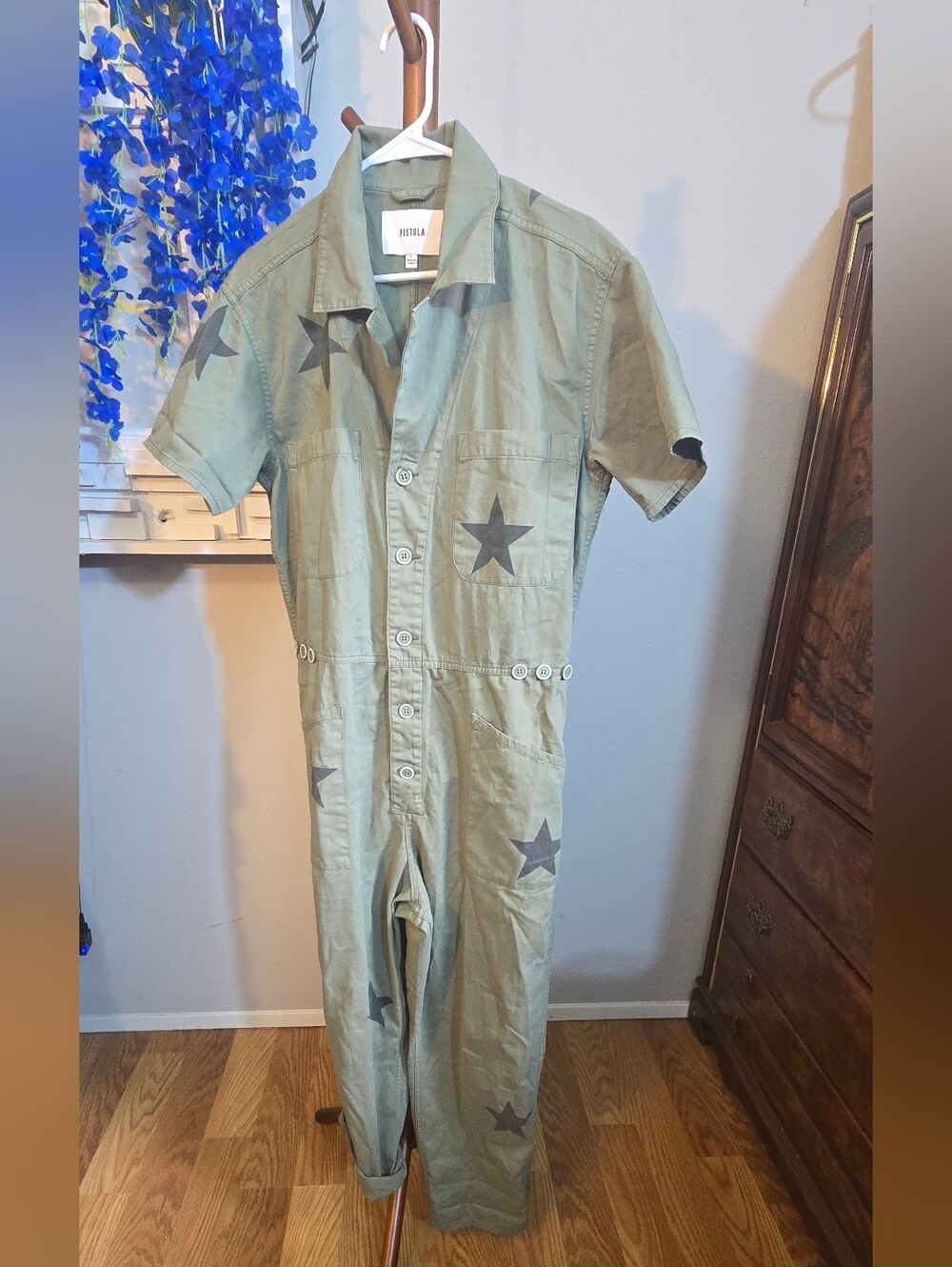 Pistola Olive Green Star Print One-Piece Jumpsuit Sz L
